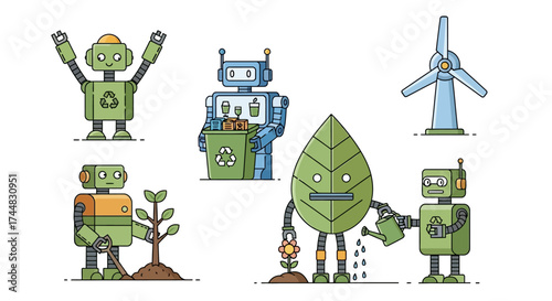 Eco-friendly robots and sustainable technology illustrations.