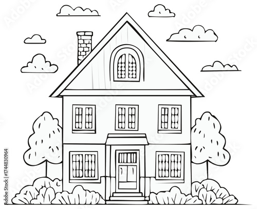 Charming Two-Story House Sketch with Clouds and Trees Line Art