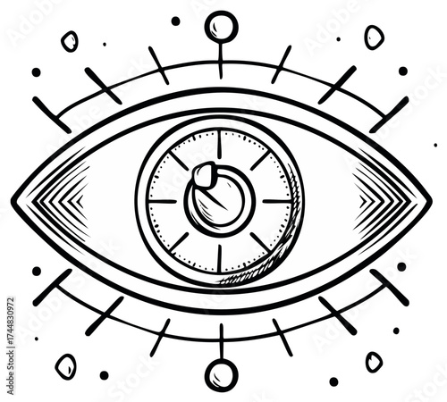 Abstract eye with clock inside, doodle illustration style, line art symbol and mystic signs