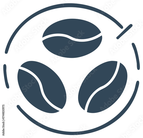Minimalist vector icon of three coffee beans in a circular cycle symbol for cafe or roastery logo