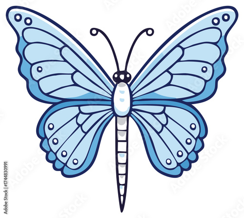 Vector illustration of a vibrant blue butterfly with intricate wing patterns and antennae