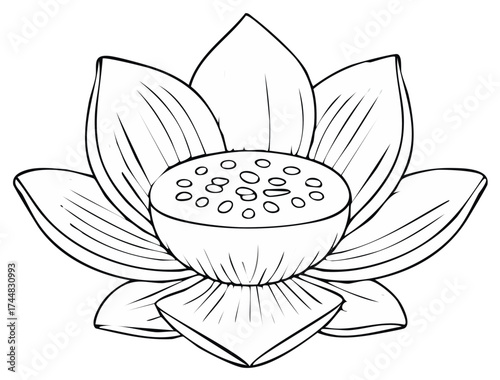 Black and white line drawing of a blooming lotus flower with seed pod