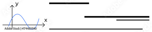 Blue sine wave curve plotted on a Cartesian coordinate axis with labeled x and y. Parallel black horizontal lines in varying lengths. Ideal for physics, math, frequency, data, analysis, education