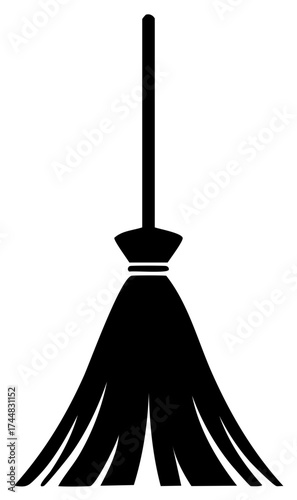 Black silhouette broom icon simple graphic symbol for cleaning and witchcraft illustrations