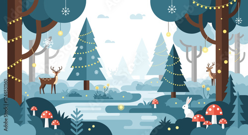 Enchanting Winter Forest Scene with Festive Decorations.