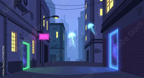 Ethereal Jellyfish Floating Through a Futuristic Neon Alley.