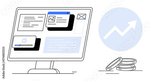 Computer monitor displaying multimedia content sections, including text, video, and images. Coin stack symbolizes profit with upward arrow. Ideal for finance, technology, business, content creation