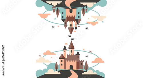 Fantasy castle illustration with inverted reflection and whimsical elements.
