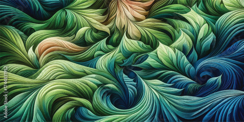A vibrant green background featuring a dynamic wave pattern of maple leaves, evoking a sense of nature, flow, and artistic expression.