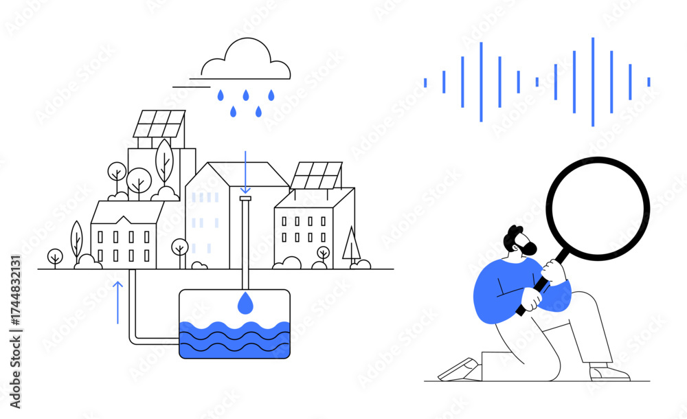 Obraz premium Urban area with water recycling system, rainwater harvesting, and a person analyzing data with a magnifying glass. Ideal for sustainability, eco-innovation, smart cities, renewable energy, green