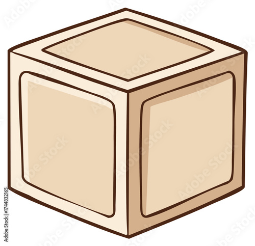 Hand Drawn Beige Cube With Dark Outlines Isolated On White Background