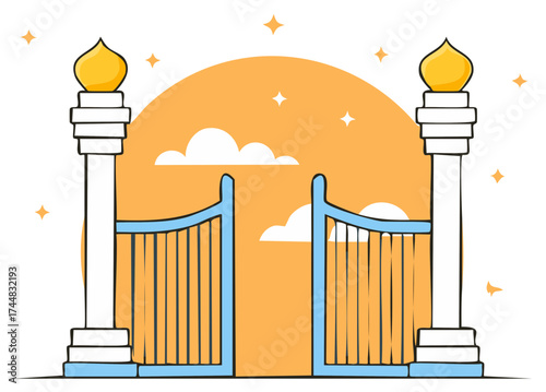 Whimsical cartoon illustration of ornate pearly gates against an orange sky with fluffy clouds and sparkling stars