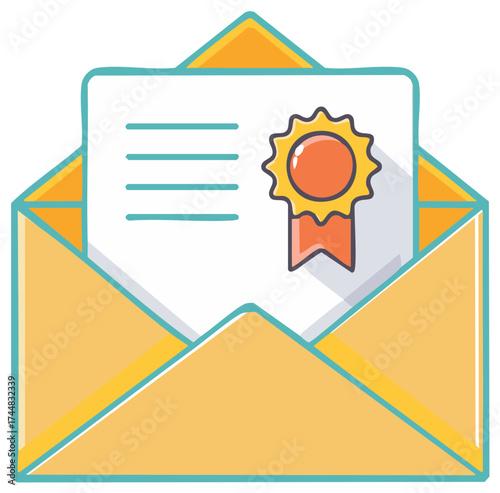 Award certificate inside open envelope, vector illustration on a white background.