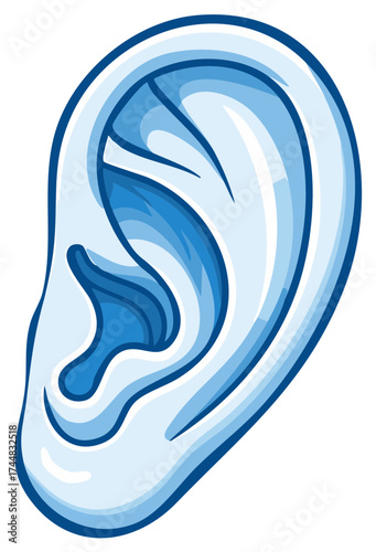 Stylized Illustration of Human Ear, Blue Tones, Anatomical Vector