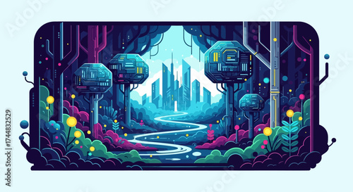 Futuristic alien forest with glowing plants and strange structures.