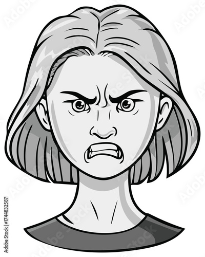 Angry female face illustration, comic book style, showing frustration, and disapproval
