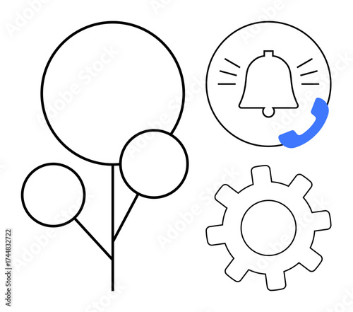 Minimalist design with tree-thumbs up structure, gear, and bell with call symbol. Ideal for growth, technology, alerts, communication, settings organization and workflow. Simple flat metaphor