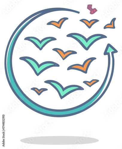 Abstract Birds Flying in a Circular Path Directional Arrow Symbol Design