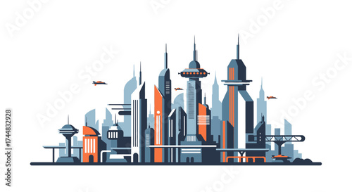 Futuristic city skyline with modern architectural skyscrapers illustration.