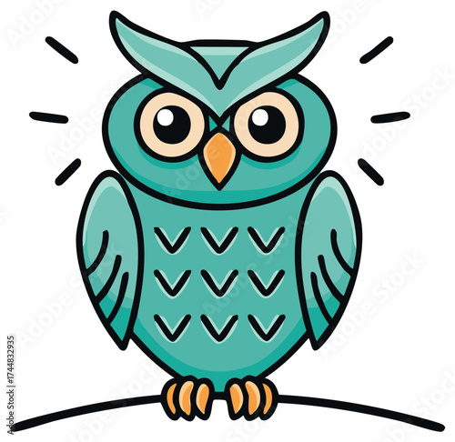 Alert turquoise owl with large eyes perched on a branch simple cartoon graphic