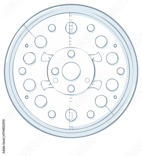 Precision line art drawing of an abstract mechanical component circular industrial part with intricate internal details