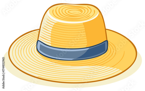 Classic straw sun hat with a wide brim and blue ribbon vector illustration