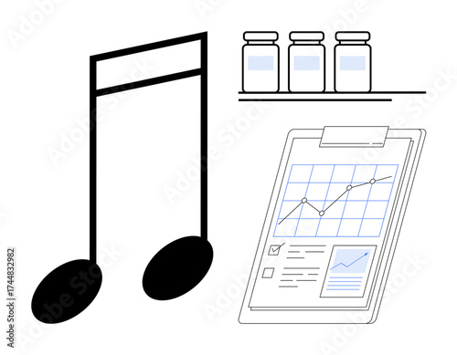 Black musical notes alongside a clipboard with a data chart and three medicine bottles. Ideal for health trends, scientific research, data analysis, healthcare, art, innovation, creative concepts