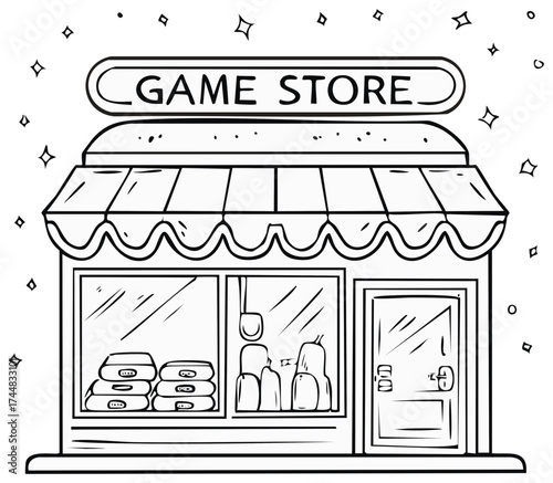 Black and white game store illustration with awning games in window outline doodle