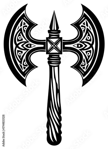 Ornate battle axe with tribal tattoo style design and pointed tip