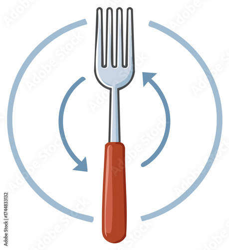 Silver metal fork with brown handle and circular arrows indicating rotation or process
