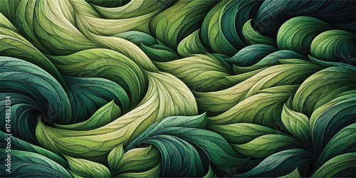 An artistic wave-like pattern with maple leafs that are green, which can be used as a background.