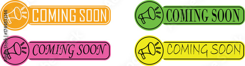 Coming Soon Banner icon set. Suitable for marketing, launch teasers, or notifications. Promotion sticker for new product launch or opening. Isolated vector illustration.