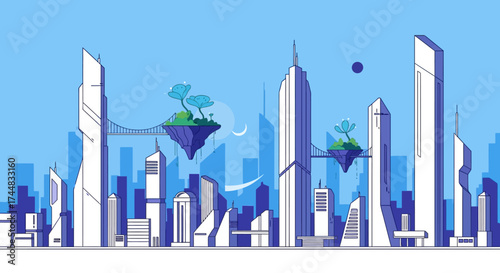 Futuristic Cityscape with Floating Islands and Modern Architecture.