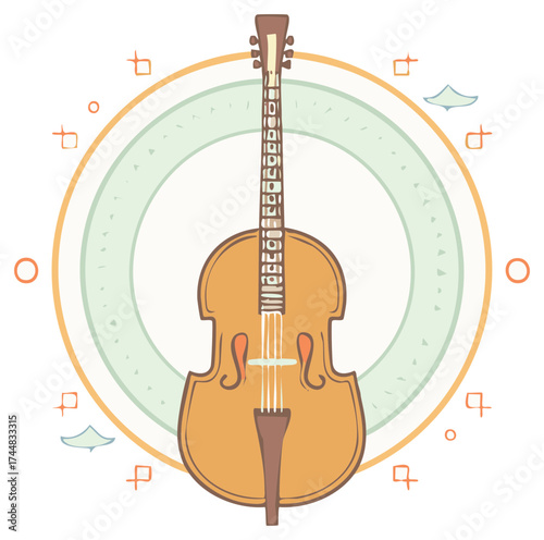Stylized acoustic upright bass with concentric circles and decorative elements