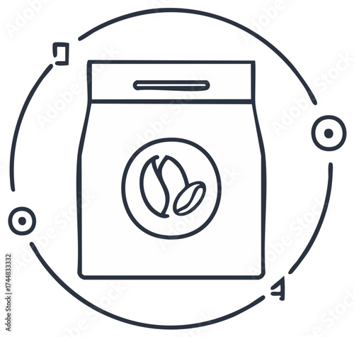 Minimalist outline icon of a coffee bag with coffee beans logo surrounded by an abstract circular design