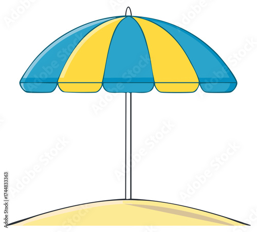 Colorful beach umbrella with blue and yellow stripes planted in sand, summer vacation illustration