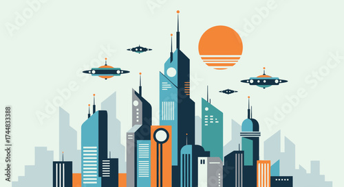 Futuristic Cityscape with Modern Skyscrapers and Flying Spaceships.