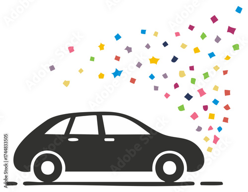 A new car with a shower of colorful confetti celebrating a win success or special promotion