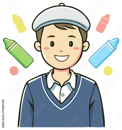 Young Boy Wearing Beret and Sweater Surrounded by Crayons
