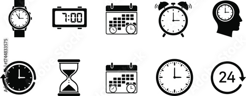 Black and white time icon set featuring clocks, calendars, watches, hourglass, and 24-hour service symbols for scheduling and management