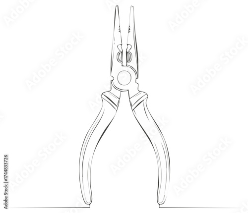 Handheld long nose pliers tool sketch illustration isolated on white background