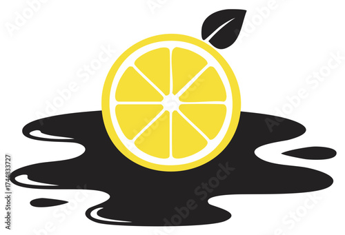 Sliced Yellow Lemon with Leaf on Black Liquid Splash - Citrus Fruits Concept