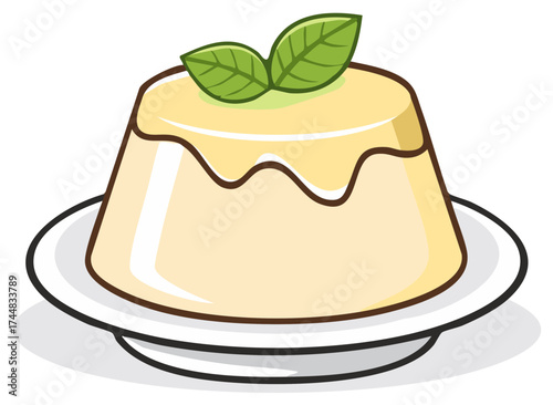 Cartoon Vanilla Pudding with Mint Leaves on White Plate Dessert