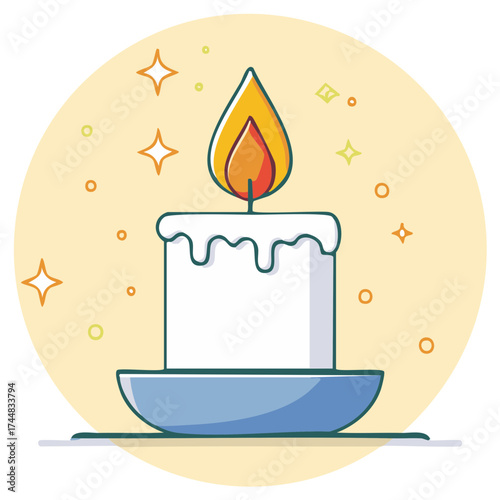 Illustration of a lit candle with melting wax and sparkling stars against a soft yellow background.