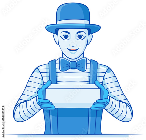 Cartoon Pantomime Artist Holding a Blank Rectangular Sign