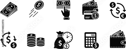 Black finance icon set featuring currency, wallets, exchange symbols, money bags, calculators, and financial planning tools in silhouette style