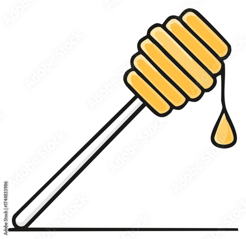 Honey dipper with golden drop dripping. Sweet natural food kitchen utensil vector illustration.