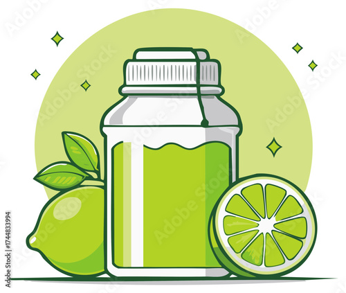 Illustration featuring a lime juice jar beside a whole and sliced lime with sparkles on light green background