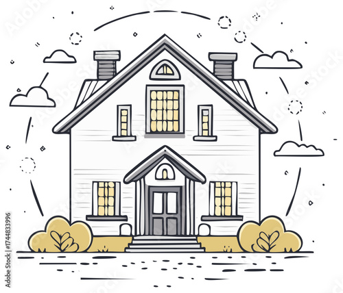 Charming House with Yellow Windows in Line Art Style Against White Sky