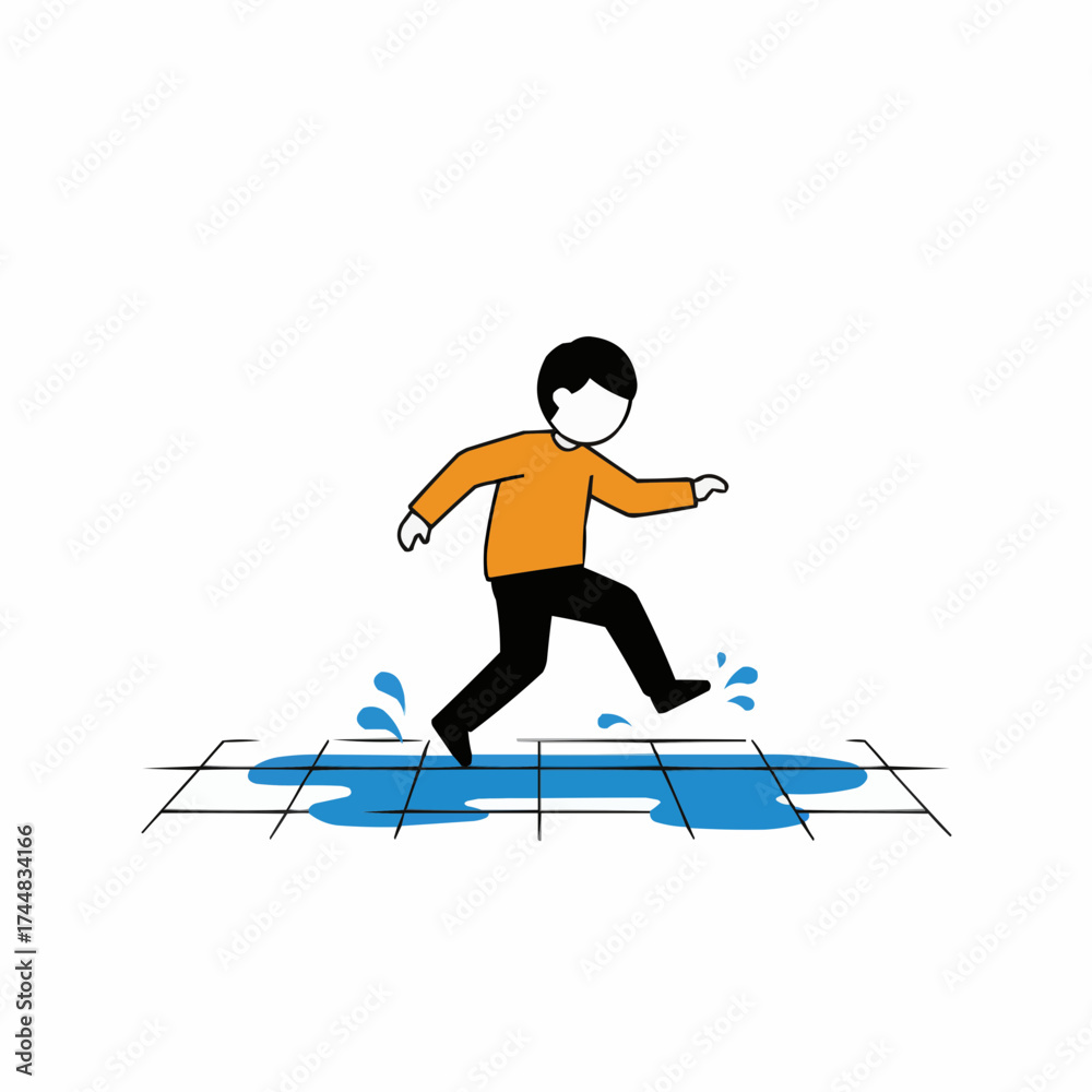 Obraz premium Child slipping while walking on wet tiles in a playful manner 